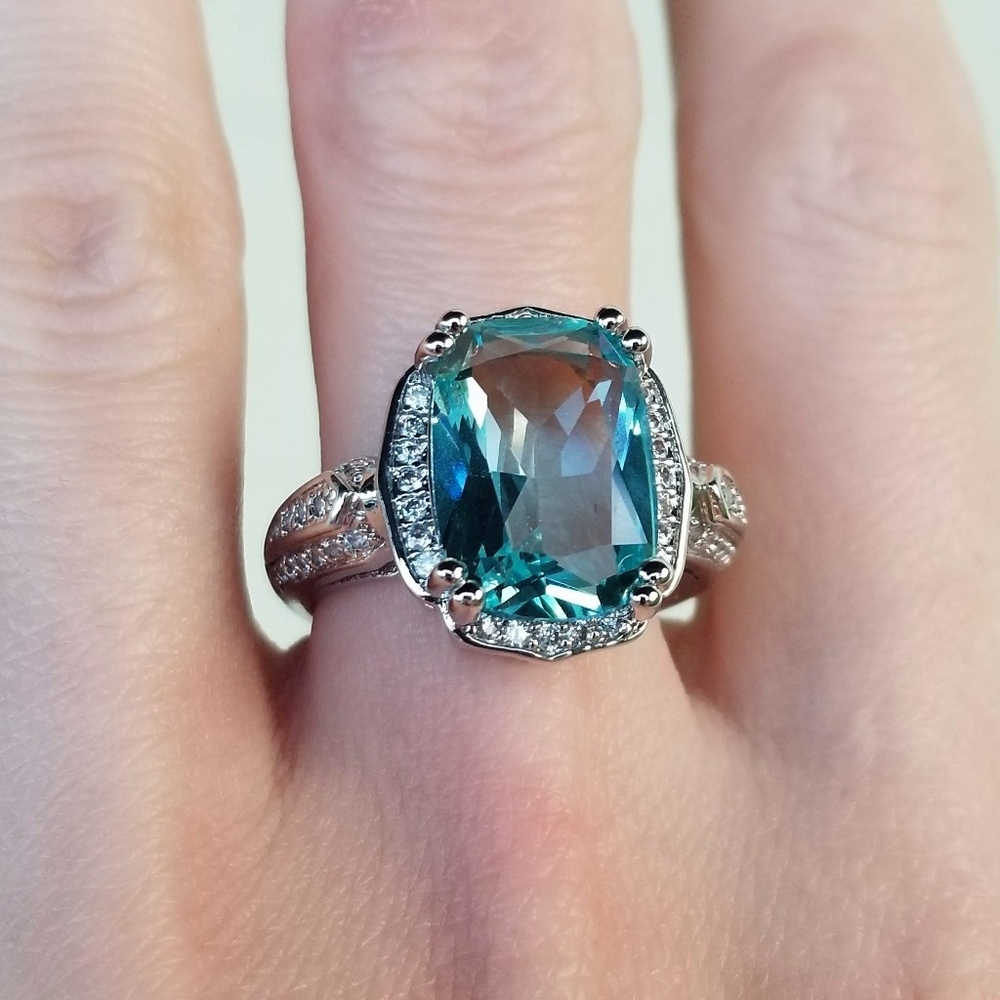 S.925-Aquamarine/White Sapphire Ring Sz 9
